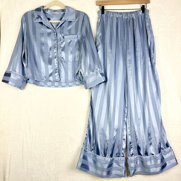 Free People Intimately Pajama Party Sleep Set Size Medium Hazy Blue Stripe Satin - Picture 3 of 9